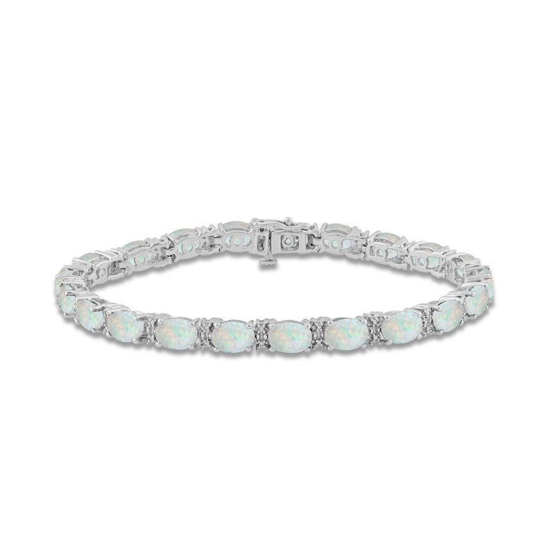 Jewelili Tennis Bracelet with Created Opal and Natural White Round Diamonds in Sterling Silver