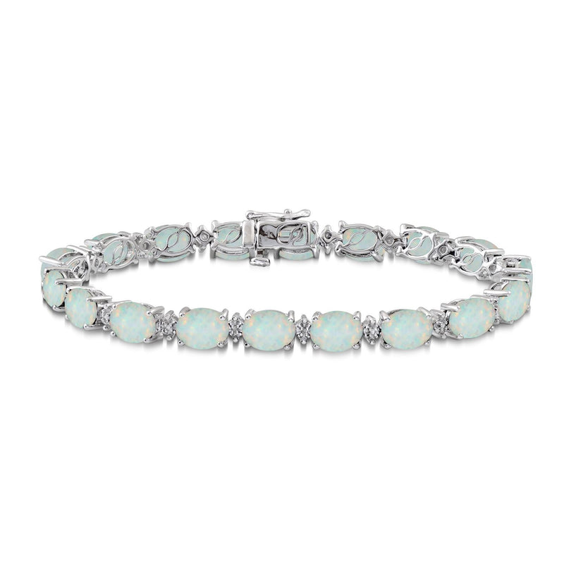 Jewelili Sterling Silver with 8 x 6 mm Oval Shape Created Opal and White Diamonds Bracelet