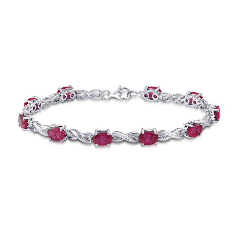 Jewelili Bracelet with Created Ruby and White Diamonds in Sterling Silver View 1