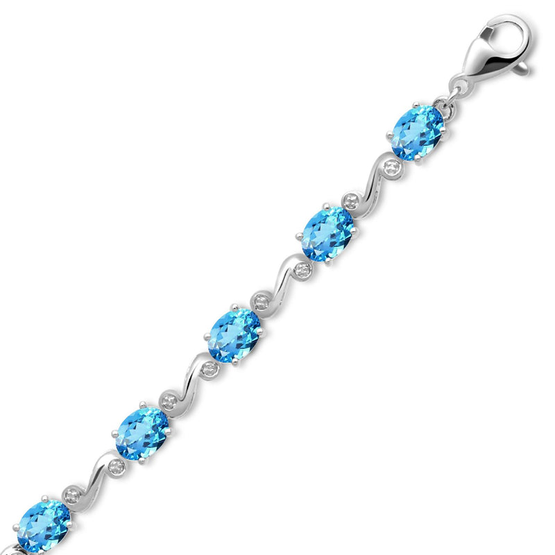 Jewelili Sterling Silver With Diamonds and Oval Swiss Blue Topaz Link Bracelet