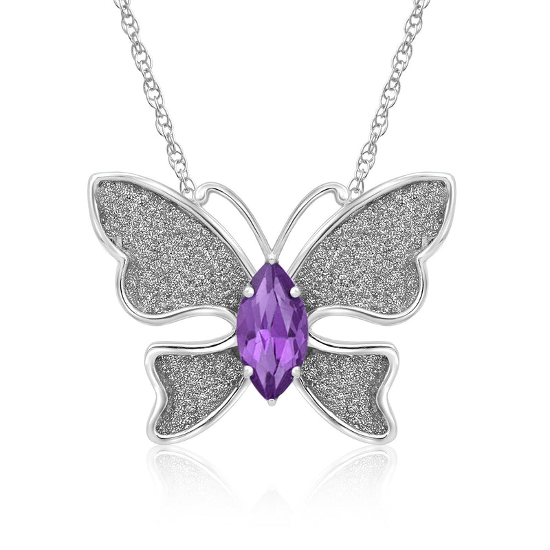 Jewelili Sterling Silver With Purple Cubic Zirconia Butterfly Pendant Necklace