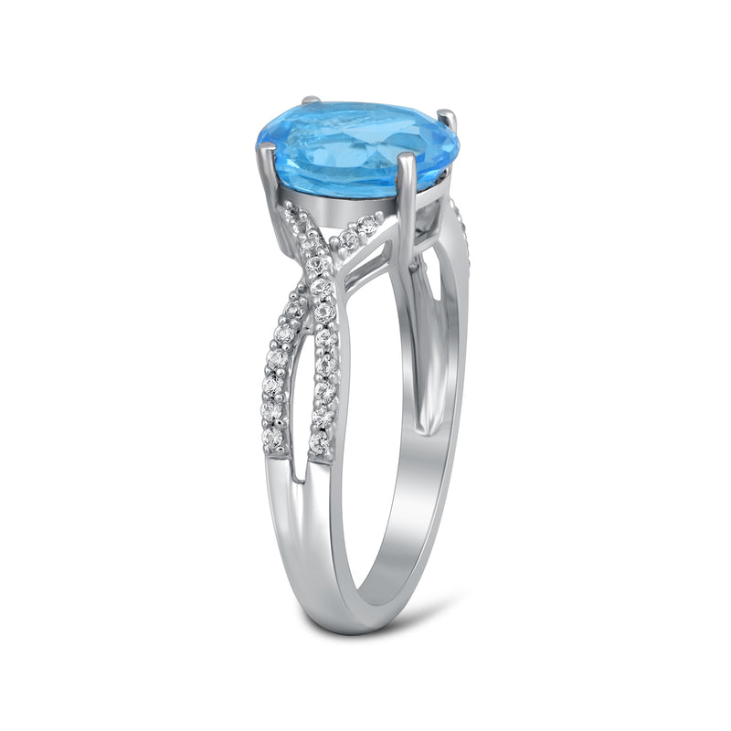 Jewelili Sterling Silver with Oval Shape Swiss Blue Topaz and Created White Sapphire Ring