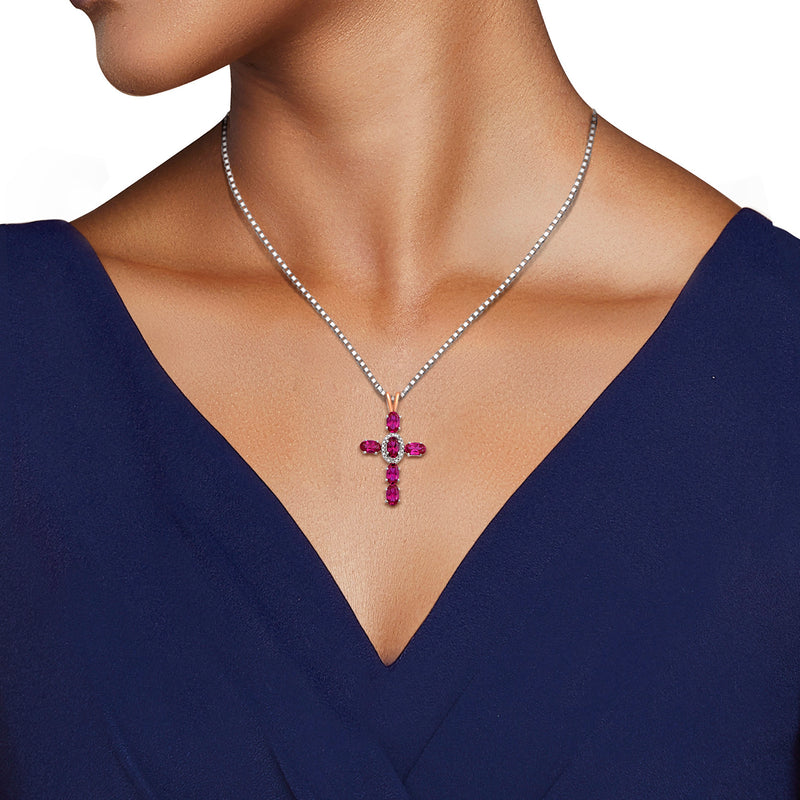 Jewelili Rose Gold Over Sterling Silver With Created Ruby and Natural White Diamonds Cross Pendant Necklace