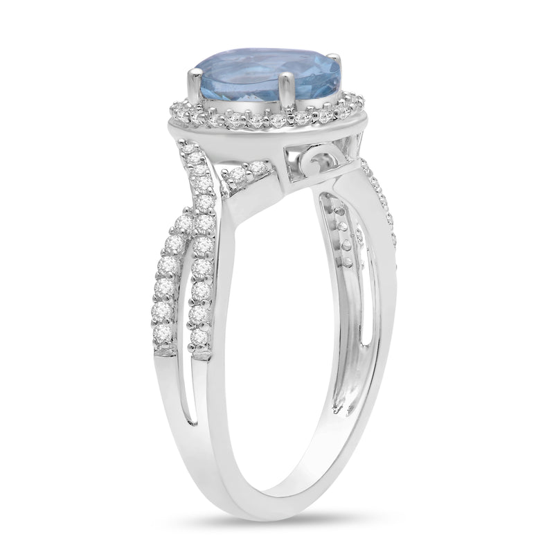 Jewelili Sterling Silver Oval Cut Aquamarine and Round Created White Sapphire Infinity Halo Engagement Ring