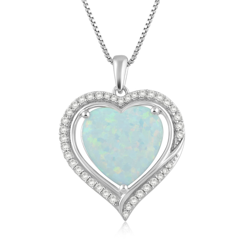 Jewelili Heart Shape Pendant Necklace with Created Opal and Created White Sapphire in Sterling Silver View 1
