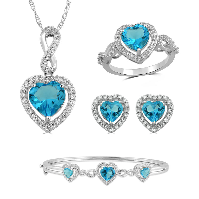 Jewelili Brass with Heart Shape Mystic Topaz Cubic Zirconia and Round Cubic Zirconia Heart Shape Pendant, Stud Earrings, Ring and Bracelet Box Set