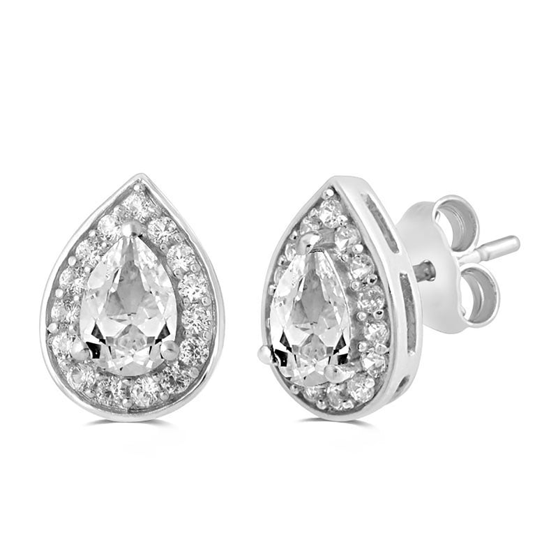 Jewelili Teardrop Drop Earrings with Created White Sapphire in Sterling Silver View 1