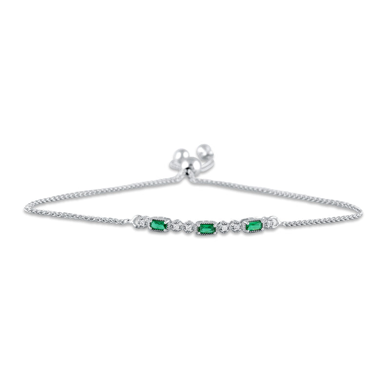 Jewelili Sterling Silver 4x2 MM Baguette Simulated Green Emerald and Round Created White Sapphire Bolo Bracelet, 9.5"