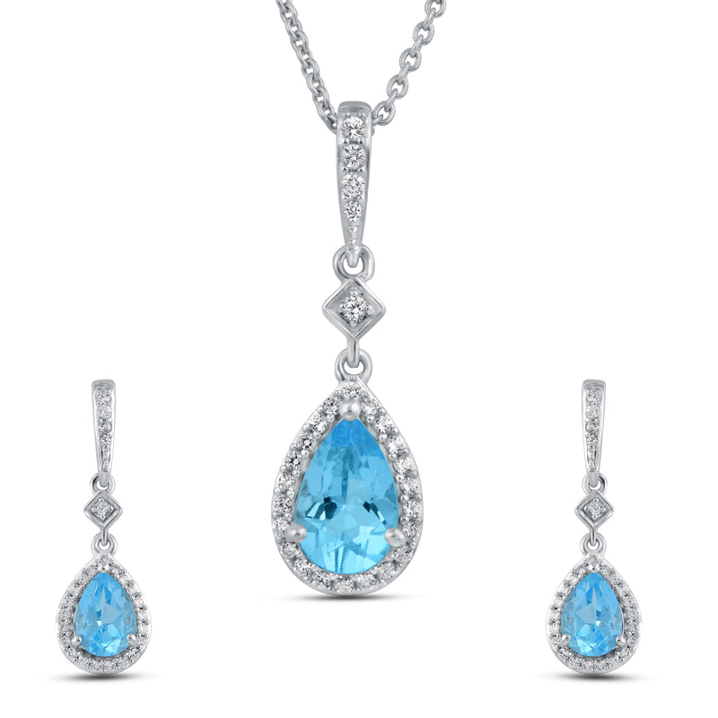 Jewelili Teardrop Jewelry Set with Swiss Blue Topaz and Created White Sapphire in Sterling Silver