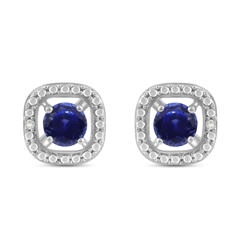 Jewelili Stud Earrings with Round Genuine Blue Sapphire and Natural White Round Shape Diamonds over Sterling Silver view 2