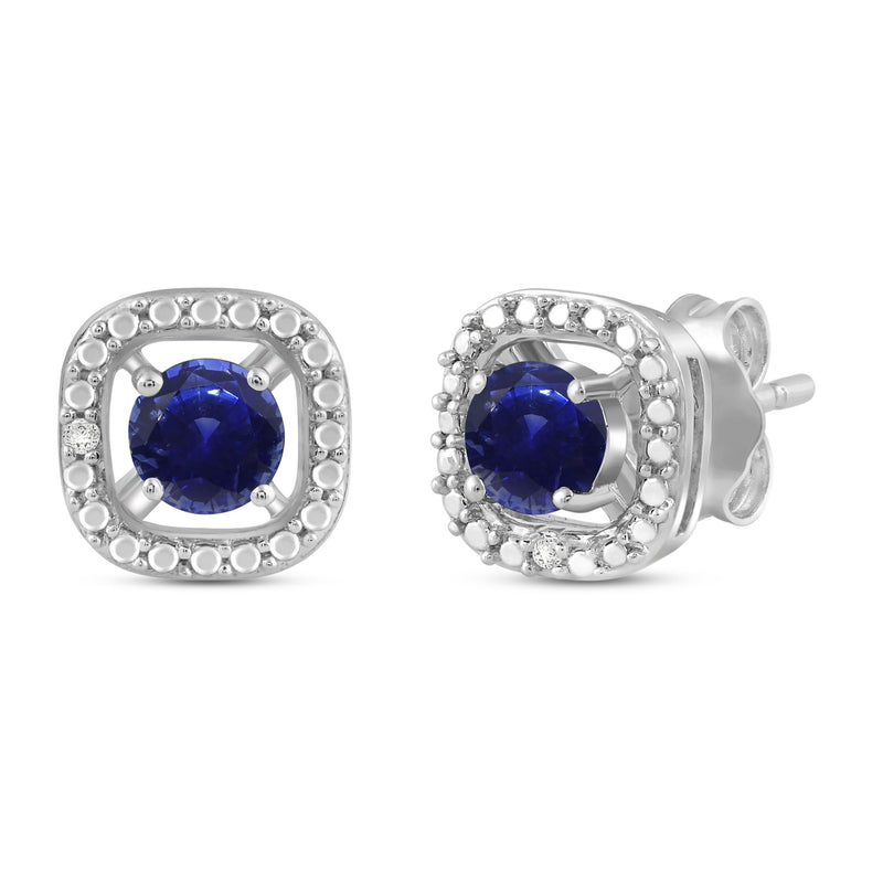 Jewelili Stud Earrings with Round Genuine Blue Sapphire and Natural White Round Shape Diamonds over Sterling Silver
