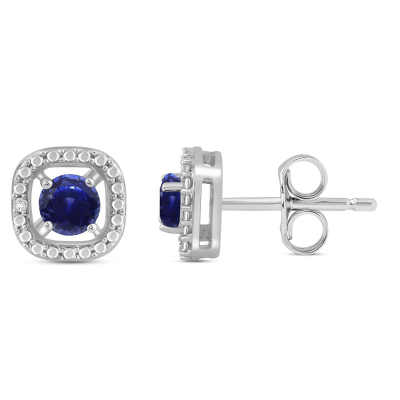 Jewelili Stud Earrings with Round Genuine Blue Sapphire and Natural White Round Shape Diamonds over Sterling Silver view 3