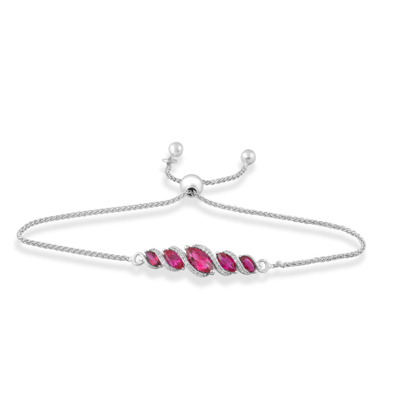 Jewelili Bolo Bracelet with Marquise Shape Created Ruby and Round Created White Sapphire in Sterling Silver