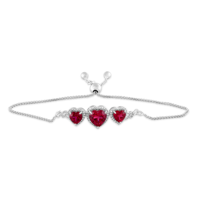 Jewelili Heart Bolo Bracelet with Created Ruby and Created White Sapphire in Sterling Silver View 1