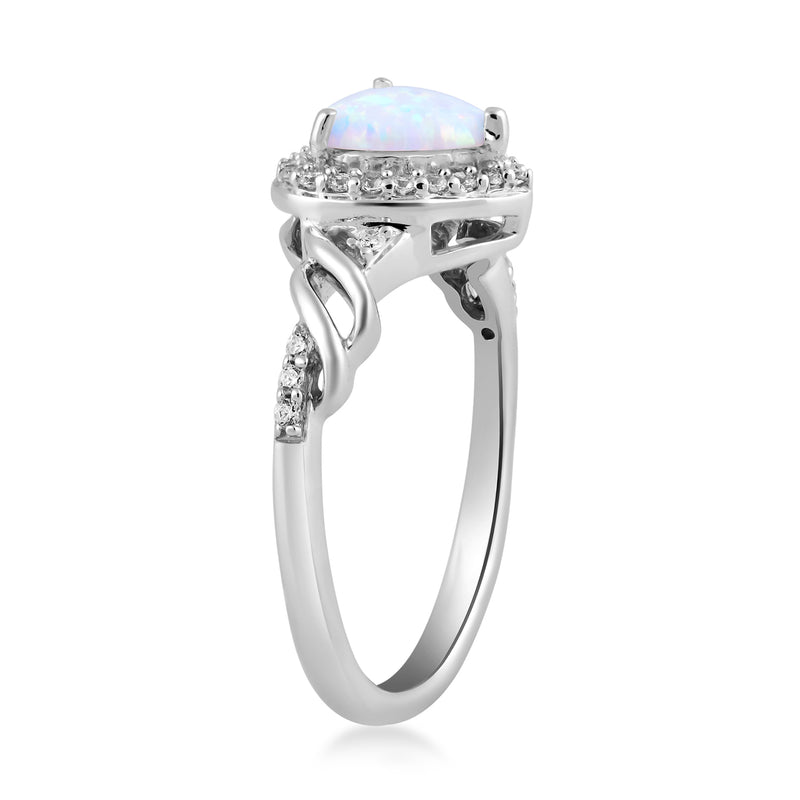 Jewelili Sterling Silver With Created Opal and Created White Sapphire Heart Promise Ring