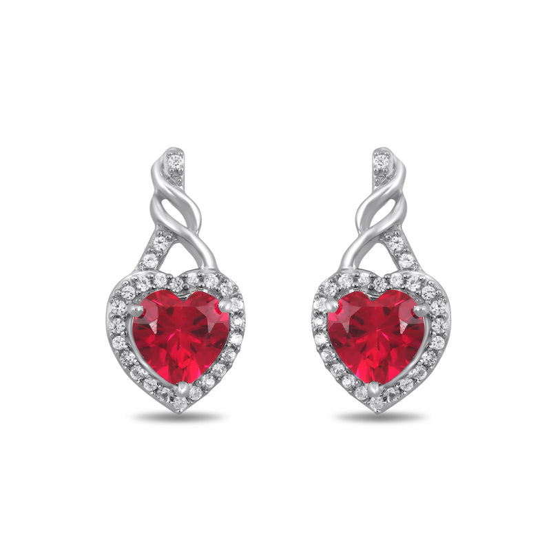 Jewelili Earrings, Bolo Bracelet and Pendant Necklace Box set with Created Heart Ruby and Round Created White Sapphire in Sterling Silver View 2