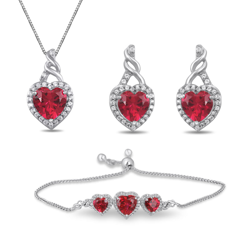 Jewelili Earrings, Bolo Bracelet and Pendant Necklace Box set with Created Heart Ruby and Round Created White Sapphire in Sterling Silver View 1