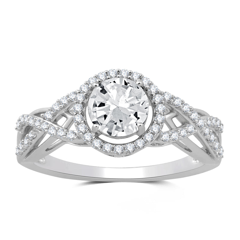 Jewelili Halo Ring with Created White Sapphire in Sterling Silver View 1
