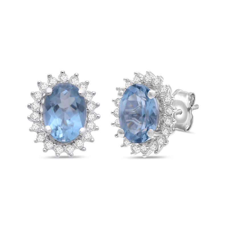 Jewelili Sterling Silver Oval Cut Aquamarine and Round Created White Sapphire Stud Earrings