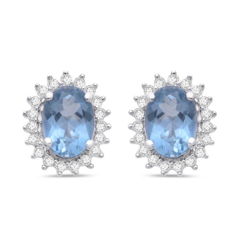 Jewelili Sterling Silver Oval Cut Aquamarine and Round Created White Sapphire Stud Earrings