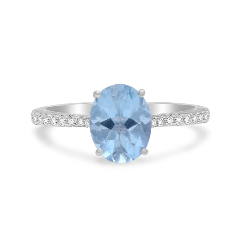 Jewelili Sterling Silver Oval Cut Aquamarine and Round Created White Sapphire Engagement Ring