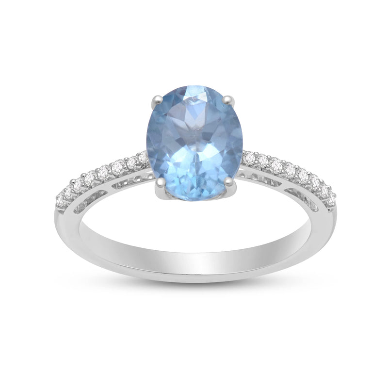 Jewelili Sterling Silver Oval Cut Aquamarine and Round Created White Sapphire Engagement Ring