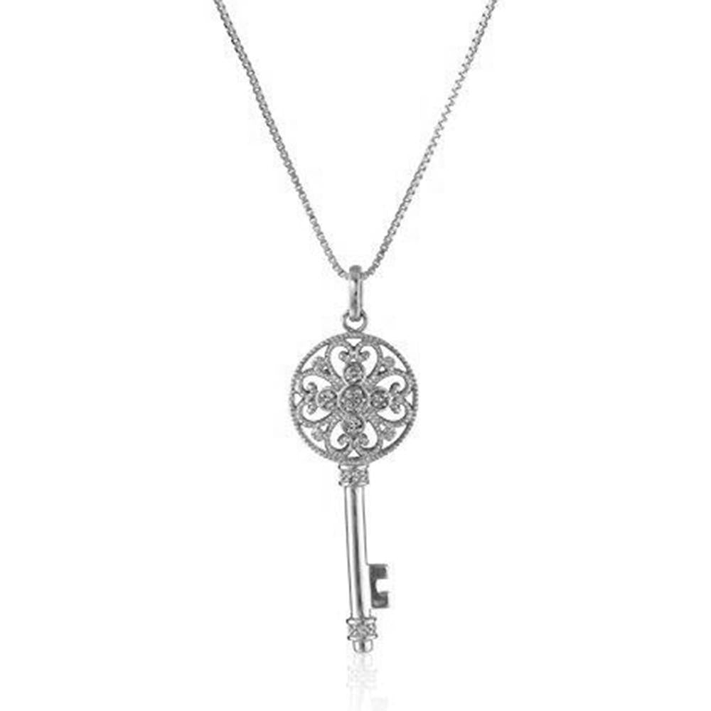 Jewelili Key Necklace Diamond Jewelry in Sterling Silver 1/10