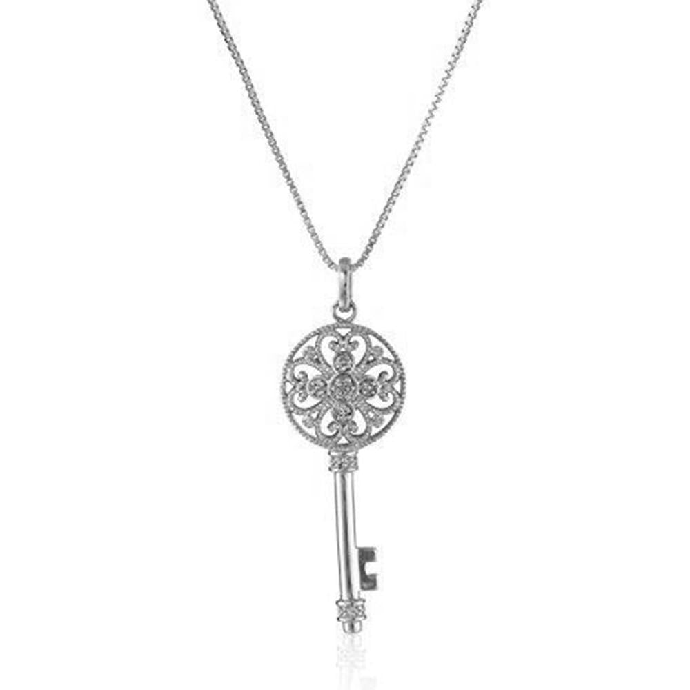 Jewelili Key Necklace Diamond Jewelry in Sterling Silver & 1/10 CTTW Diamond - View 1