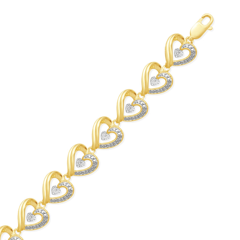 Jewelili Yellow Gold Over Brass with Natural White Round Diamonds Heart Bracelet