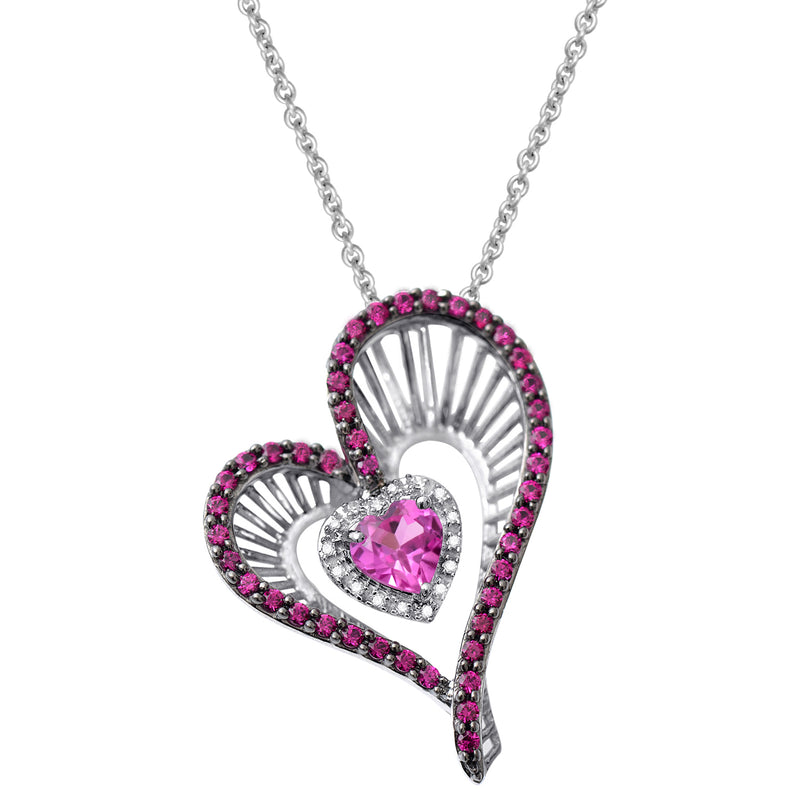Jewelili Sterling Silver with Heart Shape Created Ruby and Round Created Pink Sapphire Heart Pendant Necklace