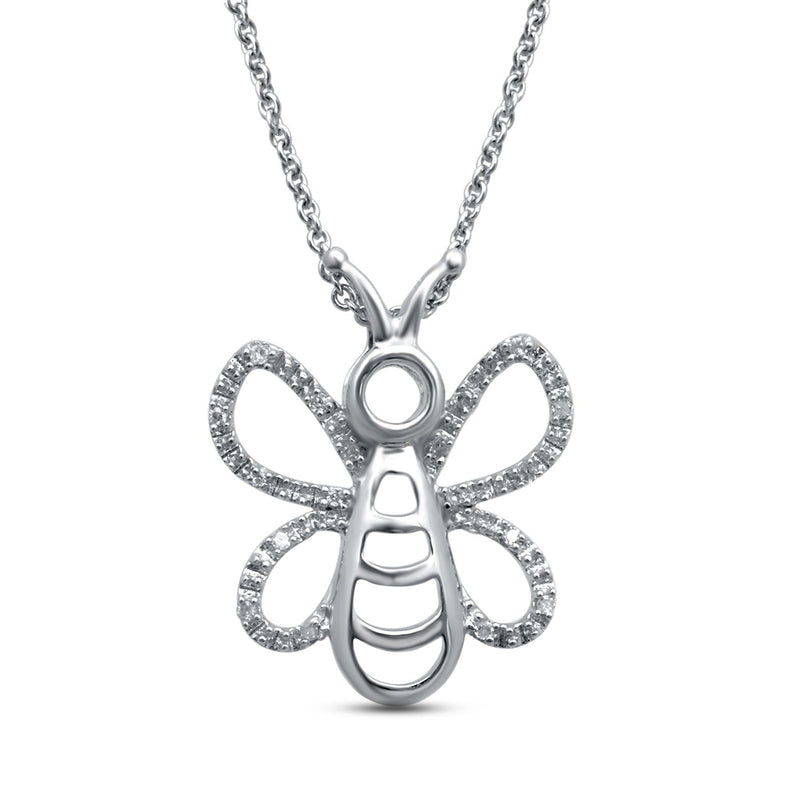 Jewelili Sterling Silver Natural White Round Diamonds Honey Bee Pendant Necklace