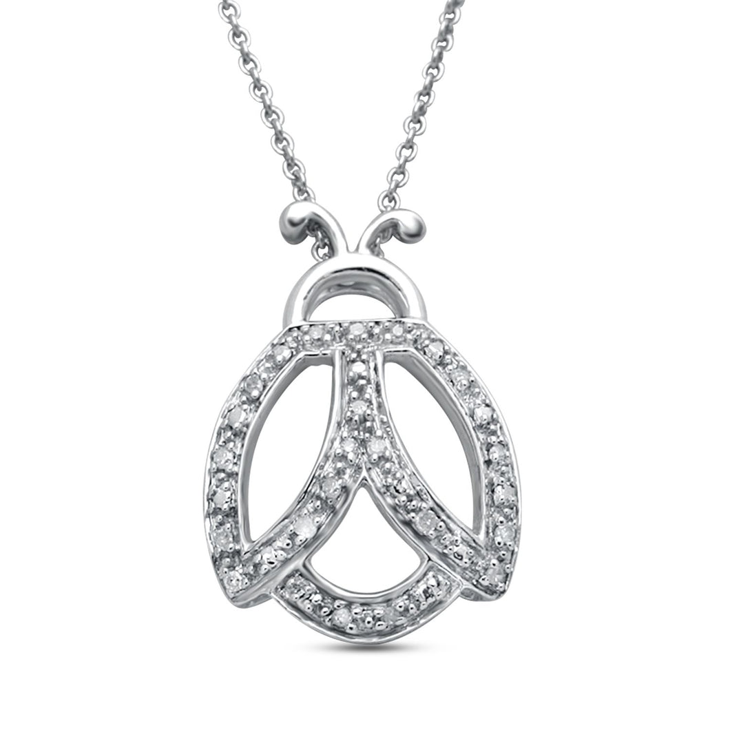 Jewelili Sterling Silver Natural White Round Diamonds Ladybug Pendant Necklace