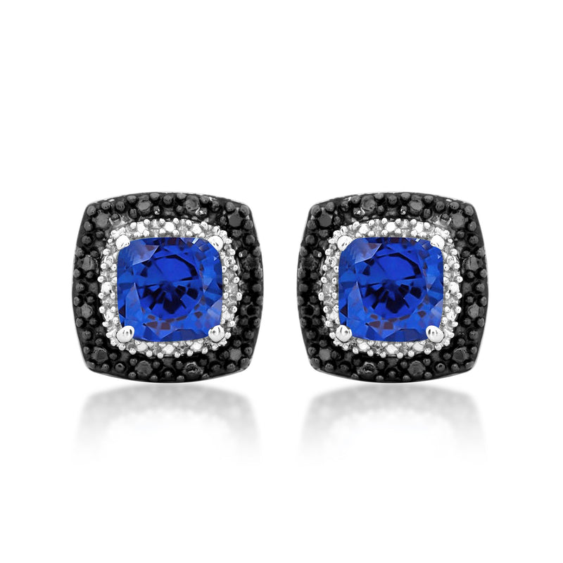 Jewelili Sterling Silver with Cushion Shape Created Blue Sapphire and Treated Black with Natural White Diamonds Stud Earrings