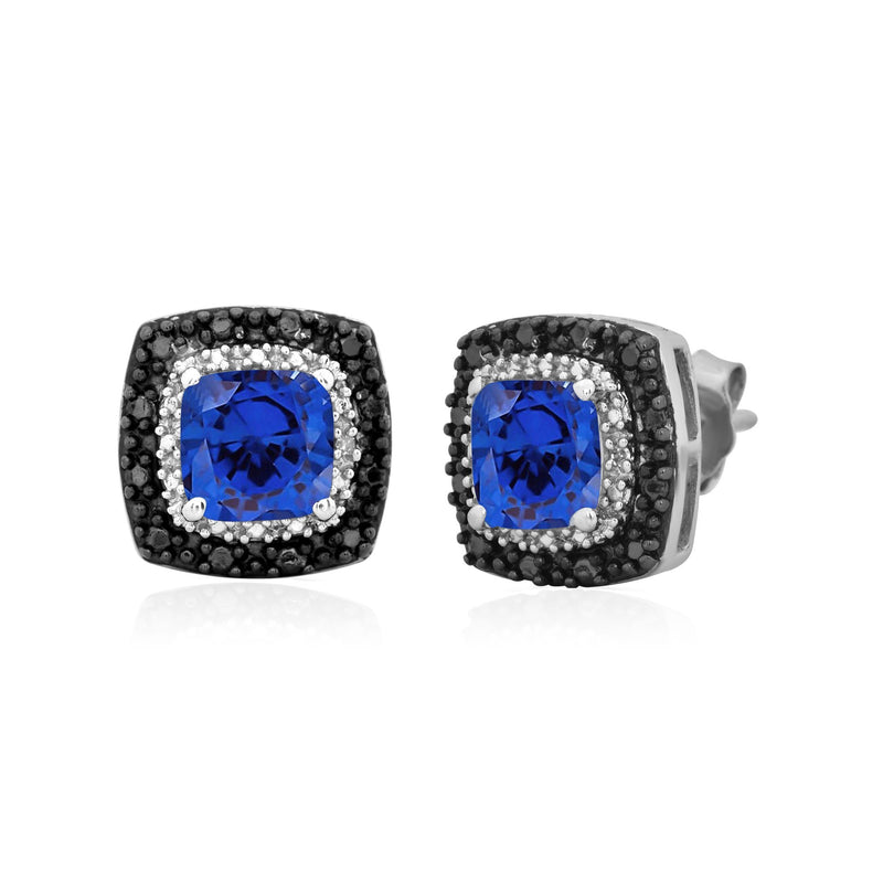 Jewelili Sterling Silver with Cushion Shape Created Blue Sapphire and Treated Black with Natural White Diamonds Stud Earrings