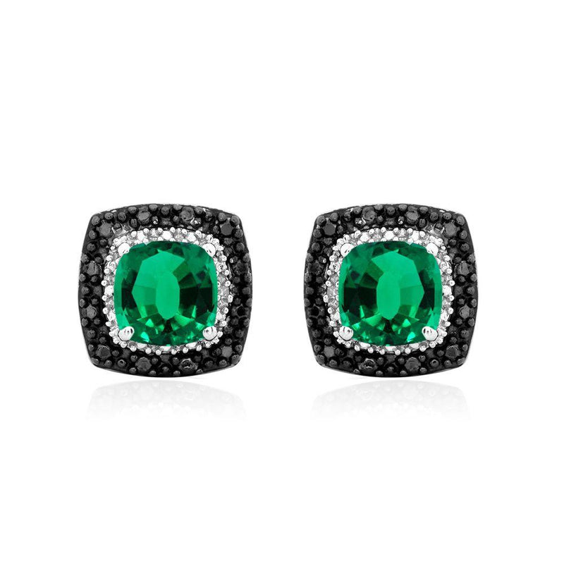 Jewelili Sterling Silver Cushion Shape Created Green Emerald with Treated Black and White Diamonds Stud Earrings