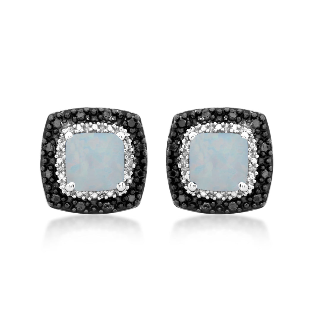 Jewelili Sterling Silver Cushion Created Opal with Black and White Diamonds Stud Earrings
