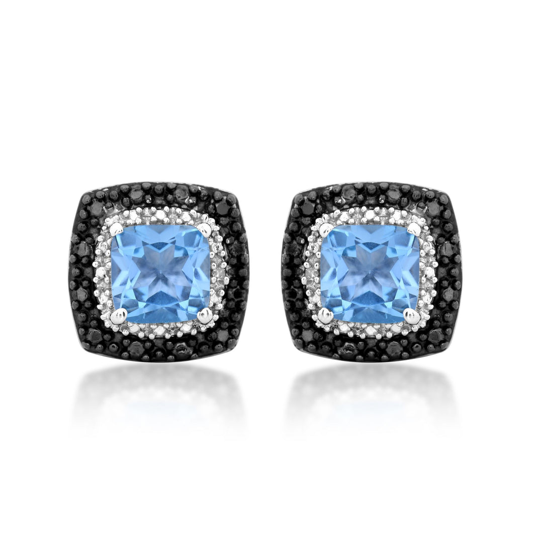 Jewelili Sterling Silver with Cushion Shape Sky Blue Topaz and Treated Black with White Diamonds Stud Earrings