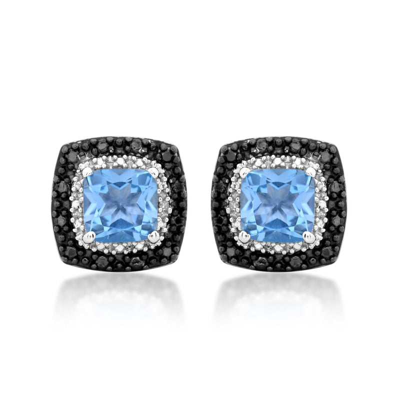 Jewelili Sterling Silver with Cushion Shape Sky Blue Topaz and Treated Black with White Diamonds Stud Earrings