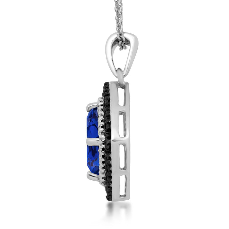Jewelili Sterling Silver with Created Blue Sapphire and Treated Black and Natural White Round Diamonds Pendant Necklace