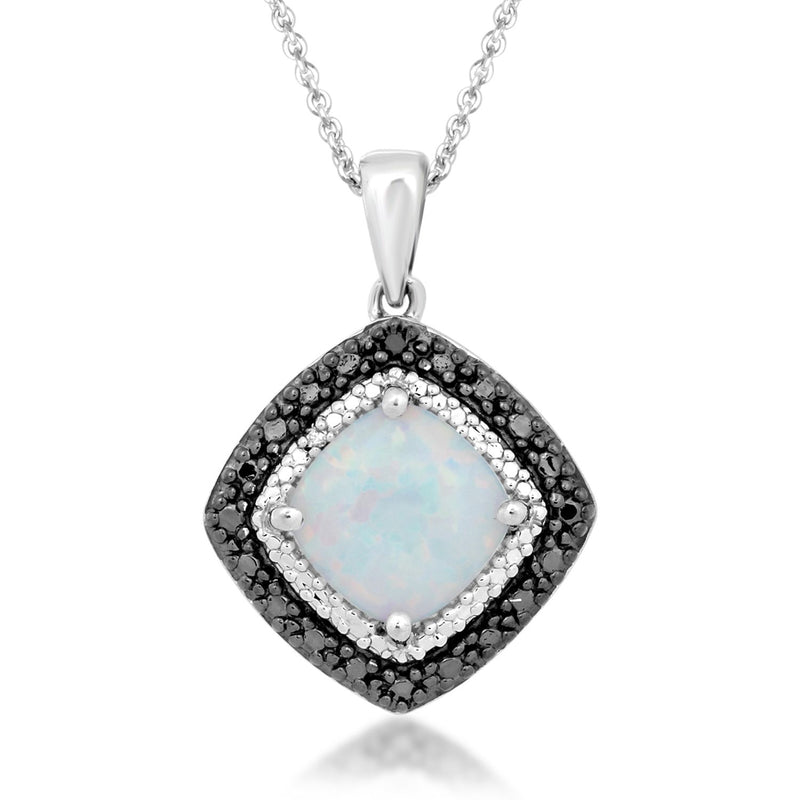 Jewelili Sterling Silver With Created Opal and Black White Diamonds Pendant Necklace