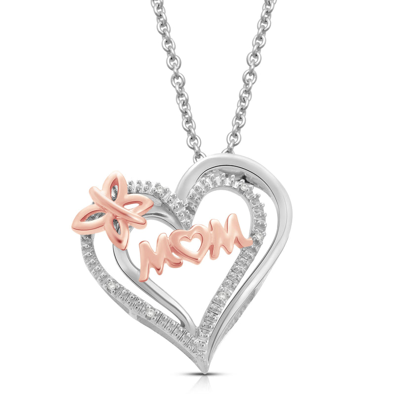 Jewelili 14K Rose Gold Over Sterling Silver With Natural White Diamonds Mom Heart Pendant Necklace
