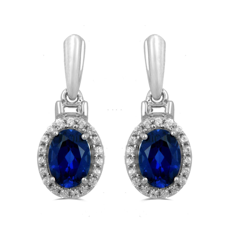 Jewelili Sterling Silver with 8x6MM 7x5MM and 6x5MM Oval Shape Created Ceylon Sapphire with Baguette and Round Created White Sapphire Bolo Bracelet Dangle Earrings and Pendant Necklace, 18" Box Chain