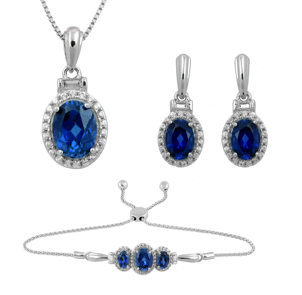 Jewelili Sterling Silver with 8x6MM 7x5MM and 6x5MM Oval Shape Created Ceylon Sapphire with Baguette and Round Created White Sapphire Bolo Bracelet Dangle Earrings and Pendant Necklace, 18