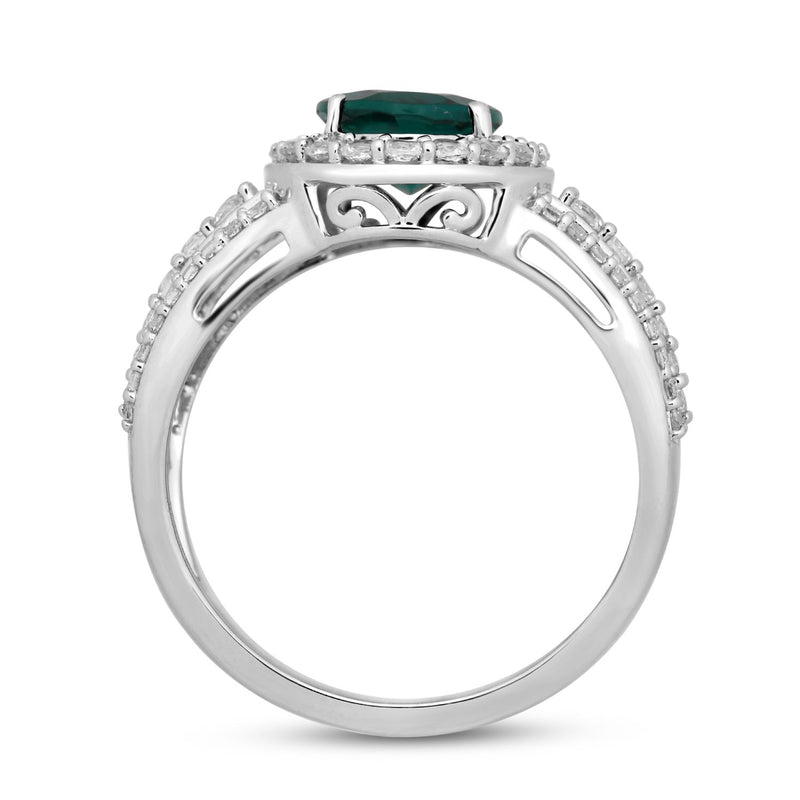 Jewelili Halo Ring with Created Emerald and Created White Sapphire in Sterling Silver View 4