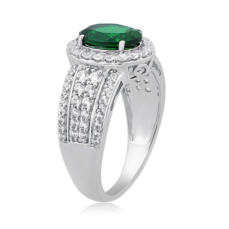 Jewelili Halo Ring with Created Emerald and Created White Sapphire in Sterling Silver View 3