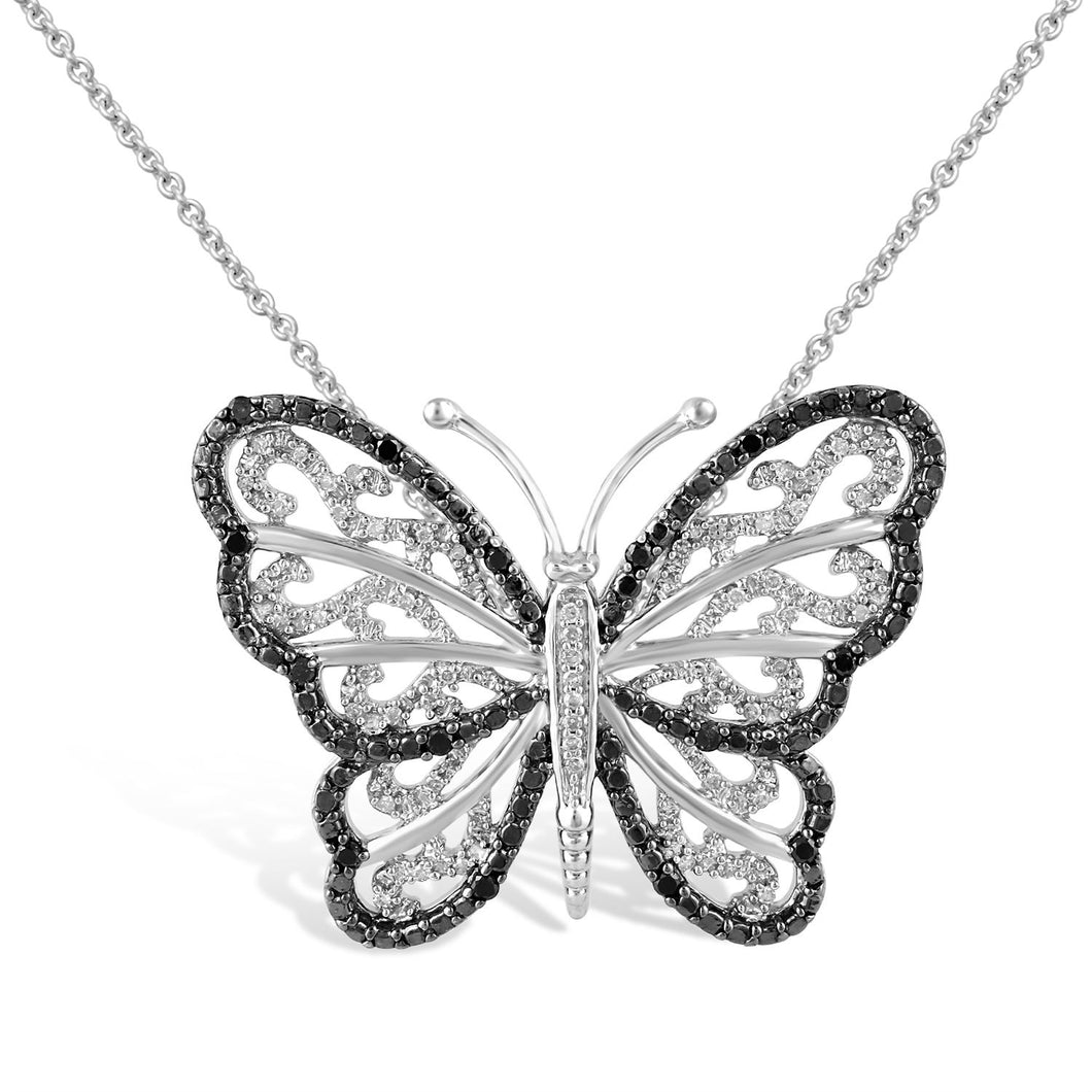 Jewelili Sterling Silver With 1/3 CTTW Treated Black Diamonds and White Diamonds Butterfly Pendant Necklace