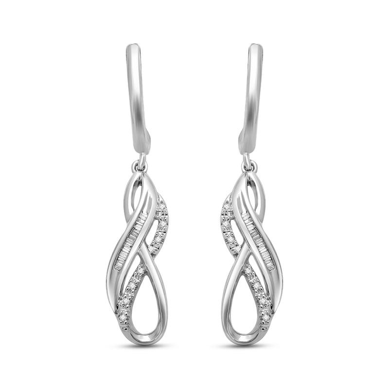 Jewelili Twisted Dangle Earrings with Natural White Round and Baguette Shape Diamonds over Sterling Silver 1/6 CTTW