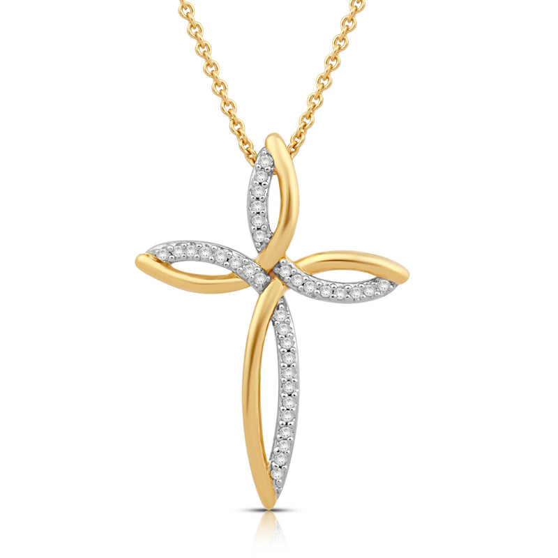 Jewelili 18K Yellow Gold Over Sterling Silver With 1/10 CTTW Diamonds Cross Pendant Necklace