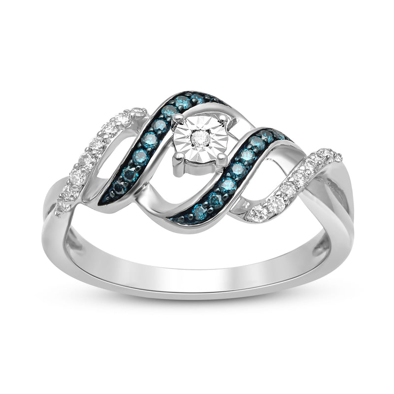 Jewelili Sterling Silver With 1/4 CTTW Treated Blue Diamonds and Natural White Diamonds Engagement Ring