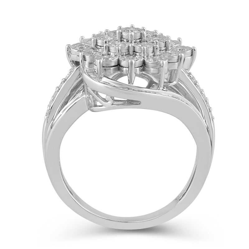 Jewelili Cluster Ring with Natural White Round and Baguette Diamonds in Sterling Silver 1.00 CTTW View 3